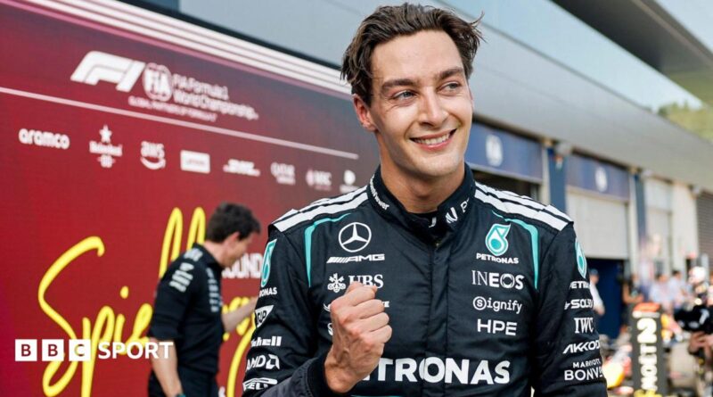George Russell celebrates winning the Austrian Grand Prix