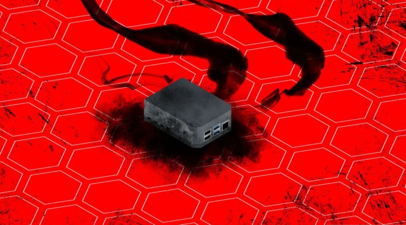An illustration of a burned out router or firewall, indicating a breach.