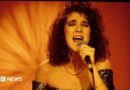 A young Celine Dion sings while holding a microphone. She is wearing a glittery strapless dress. 