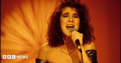 A young Celine Dion sings while holding a microphone. She is wearing a glittery strapless dress. 