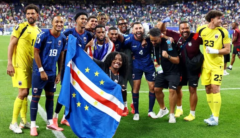 Cape Verde players and staff celebrate after the Saudi Arabia match match as Cape Verde qualify for the knockout stages of the World Cup