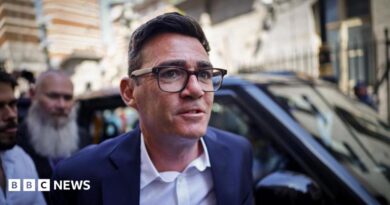 Image shows Andy Burnham wearing black-rimmed glasses and a blue suit, arriving at the Houses of Parliament in Westminster, London, Britain, on 22 June 2026
