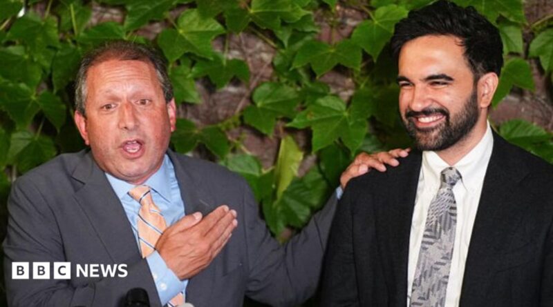 Brad Lander, candidate for New York’s 10th Congressional District, stands next to New York City Mayor Zohran Mamdani during a watch party after winning the primary elections in Brooklyn, New York
