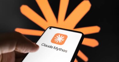 The Claude Mythos logo appears on a smartphone screen, and the Claude AI logo displays as the background on a laptop computer screen.