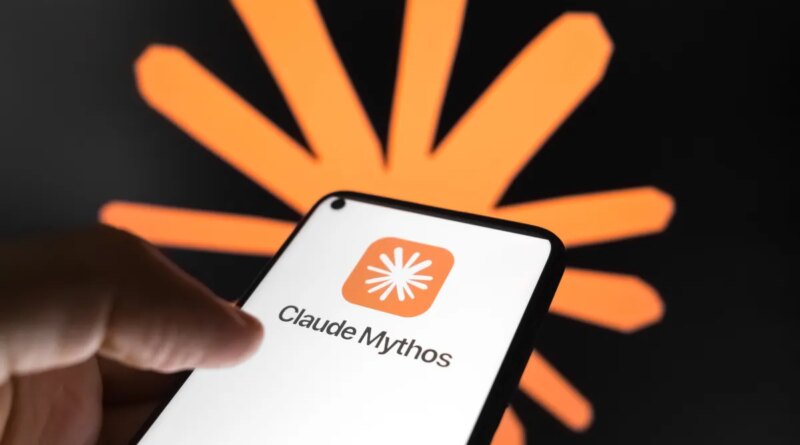 The Claude Mythos logo appears on a smartphone screen, and the Claude AI logo displays as the background on a laptop computer screen.