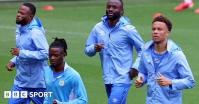 DR Congo's players train at Liege's stadium before their friendly with Denmark