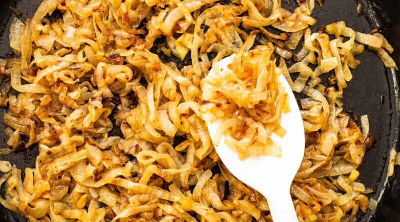 Caramelized onions in a skillet pan.
