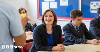 Phillipson wears a black suit jacket over a royal blue dress with a silver necklace. Her hair is worn in a dark brown, chin-length bob. She wears bright red lipstick and is smiling at a teacher, who can partially be seen in the foreground on the left. There are pupils sitting around her, all wearing a navy school uniform with a pastel blue shirt and a navy tie with pale blue and gold diagonal stripes. 