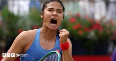 Emma Raducanu reacts to winning a point during her Queen's defeat by Donna Vekic