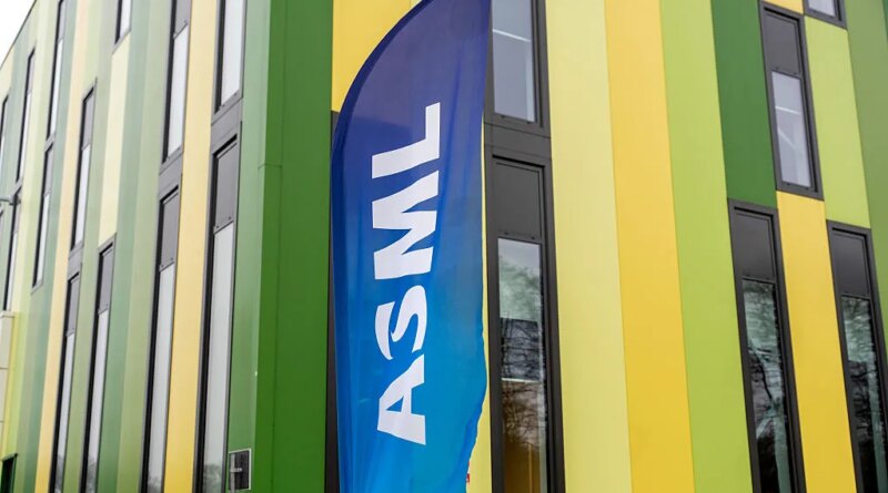A banner flag with the ASML logo outside the Brainport Industries Campus, which houses the ASML Academy, in Eindhoven, Netherlands.