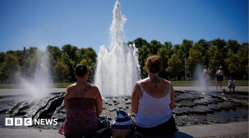 Two women look at a fountain on a sunny day with their backs to the camera