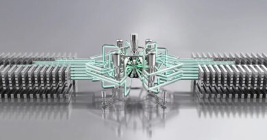 Illustrated lasers shoot into a fusion reaction chamber.