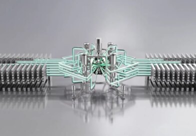 Illustrated lasers shoot into a fusion reaction chamber.