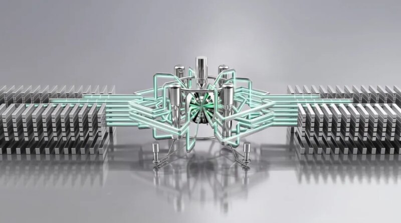 Illustrated lasers shoot into a fusion reaction chamber.