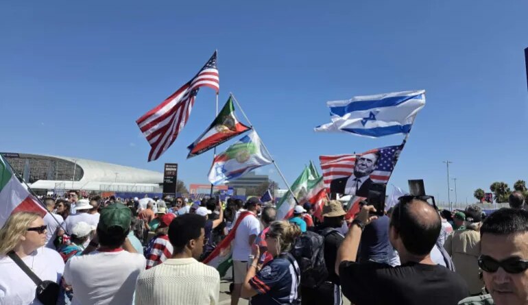 Protesters outside the Los Angeles Stadium [Ali Harb/Al Jazeera]
