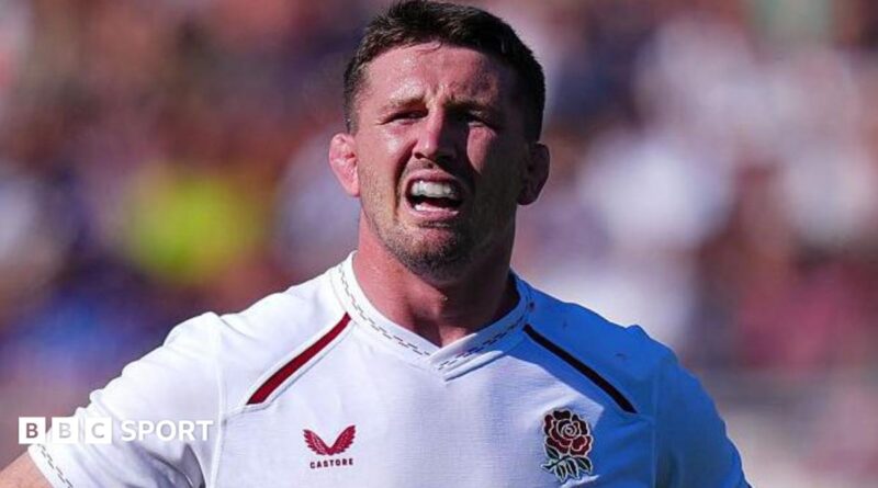 Harry Randall, Marcus Smith and Seb Atkinson hug