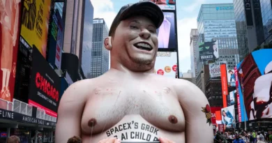 Giant inflatable Elon Musk appears in Times Square ahead of SpaceX IPO, with scathing message for its CEO