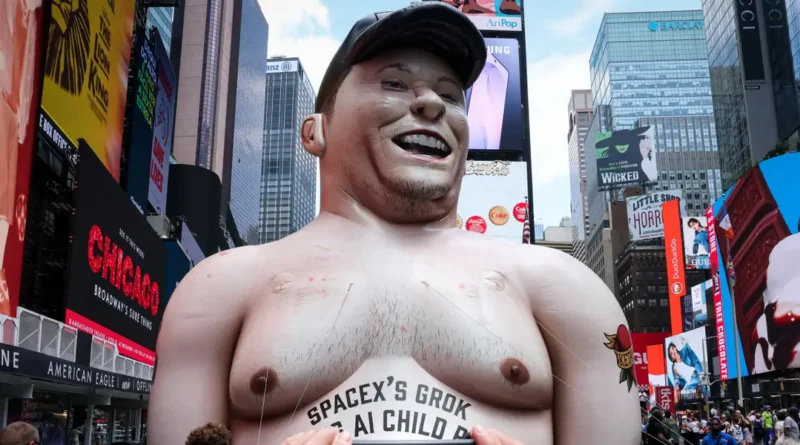 Giant inflatable Elon Musk appears in Times Square ahead of SpaceX IPO, with scathing message for its CEO