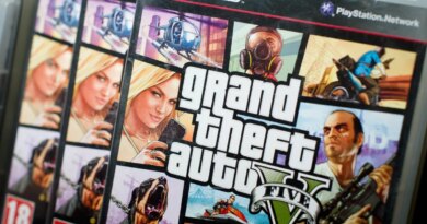 Close view of the packaging of the console game Grand Theft Auto 5.