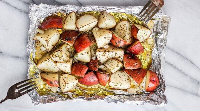 grilled potatoes on a piece of foil