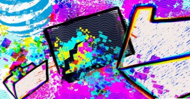A render of a data breach with computer folders over blue, green and purple spilling data squares.