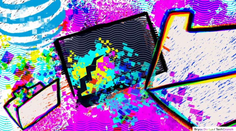 A render of a data breach with computer folders over blue, green and purple spilling data squares.