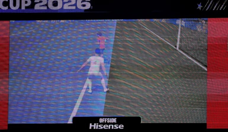 SEATTLE, WASHINGTON - JUNE 26: The video replay in the stadium shows Shoja Khalilzadeh #4 of IR Iran as offside when he scored the second goal which was then dissalowed during the FIFA World Cup 2026 Group G match between Egypt and IR Iran at Seattle Stadium on June 26, 2026 in Seattle, Washington. Richard Heathcote/Getty Images/AFP (Photo by Richard HEATHCOTE / GETTY IMAGES NORTH AMERICA / Getty Images via AFP)