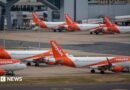 Easyjet planes on the tarmac at Gatwick airport.
