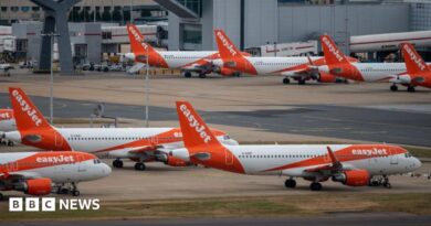 Easyjet planes on the tarmac at Gatwick airport.
