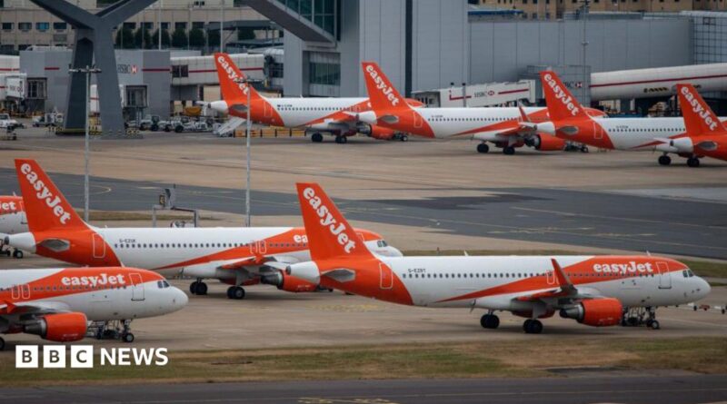 Easyjet planes on the tarmac at Gatwick airport.