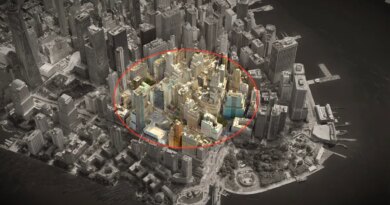 a 3D aerial photo of lower Manhattan, darkened, showing a ring over a radius across the city, showing a geofence warrant.