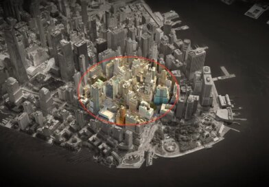 a 3D aerial photo of lower Manhattan, darkened, showing a ring over a radius across the city, showing a geofence warrant.