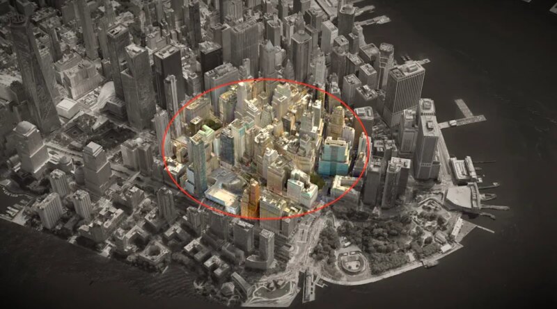 a 3D aerial photo of lower Manhattan, darkened, showing a ring over a radius across the city, showing a geofence warrant.