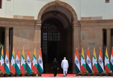 epa13008316 Indian Prime Minister of India Narendra Modi (R) with Myanmar President Min Aung Hlaing (L) prior to their meeting at Hyderabad House in New Delhi, India, 01 June 2026. Myanmar's President Min Aung Hlaing is on a five-day state visit to India. EPA/RAJAT GUPTA