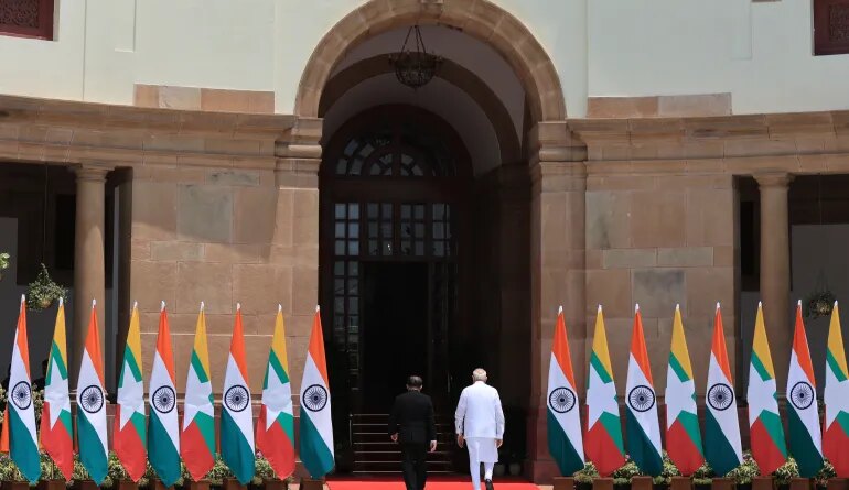epa13008316 Indian Prime Minister of India Narendra Modi (R) with Myanmar President Min Aung Hlaing (L) prior to their meeting at Hyderabad House in New Delhi, India, 01 June 2026. Myanmar's President Min Aung Hlaing is on a five-day state visit to India. EPA/RAJAT GUPTA