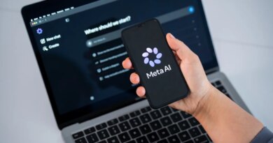 The Meta AI logo is seen on a smartphone screen, and a chatbot website is displayed on a computer screen.