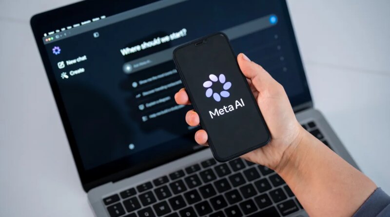 The Meta AI logo is seen on a smartphone screen, and a chatbot website is displayed on a computer screen.