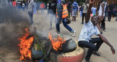 A protester gestures beside a burning barricade during a demonstration against a proposed Ebola quarantine center to be established by the United States at Laikipia Air Base in Nanyuki, Kenya, Monday, June 1, 2026. (AP Photo/Andrew Kasuku)