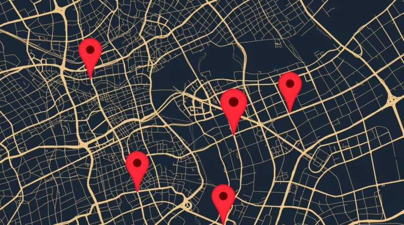 A street map with location dots on top.