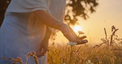 Serene Outdoor Moment with Woman and Wildflowers at Dusk
