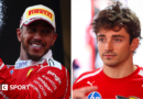 A split image of Lewis Hamilton spraying champagne and Charles Leclerc looking disappointed 