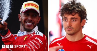 A split image of Lewis Hamilton spraying champagne and Charles Leclerc looking disappointed