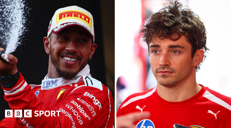 A split image of Lewis Hamilton spraying champagne and Charles Leclerc looking disappointed