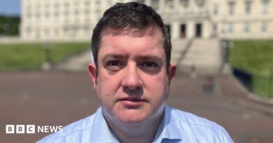 Dr David Farren, a man with dark hair, wearing a blue shirt, standing in front of Stormont Parlaiment Buildings.