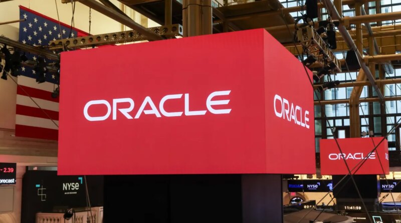 Oracle Corp. signage on the floor of the New York Stock Exchange (NYSE) in New York, US, on Friday, April 10, 2026.