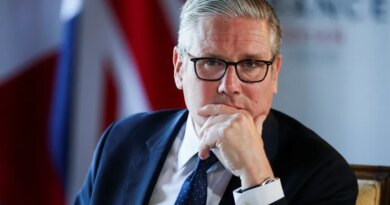 UK Prime Minister Keir Starmer looks on as he speaks to the members of the media on the sidelines of the G7 summit in France