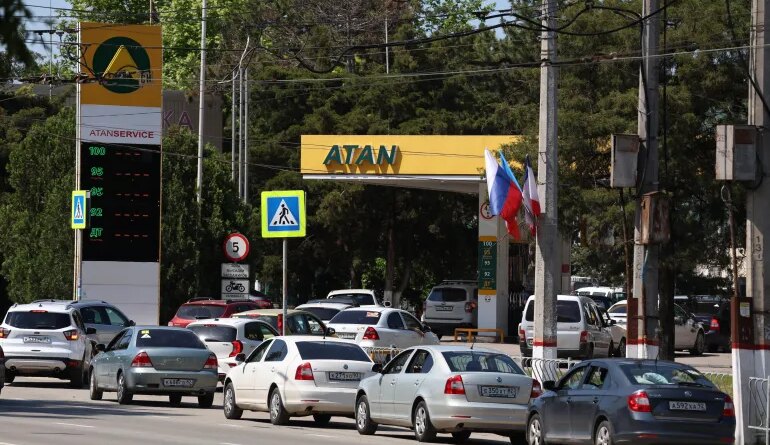 Cars line up at a petrol station in Simferopol, Crimea, Friday, June 12, 2026. (AP Photo)