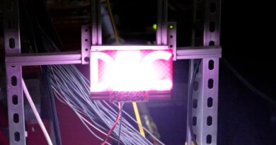 A sign that says DEC is lit with purple backlighting.