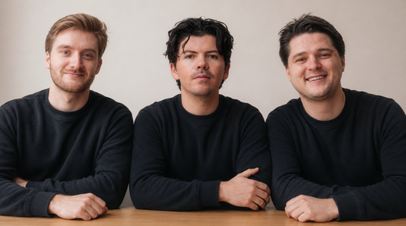 Three caucasian men in black long-sleeved crewneck shirts sit at a desk against a beige background.