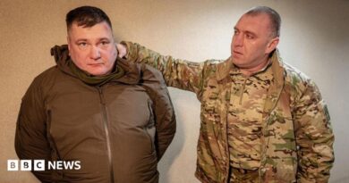 Ukrainian SBU chief Vasyl Malyuk (right) stands with his hand behind an arrested man's head, apparently holding him by the hood of his jacket. Malyuk is  dressed in military-style fatigues and the other man is wearing a zipped-up brown jacket.